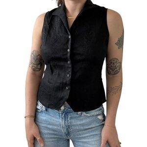 Vintage 1990s Valerie Stevens Black 100% Linen Sleeveless Blouse Size PM